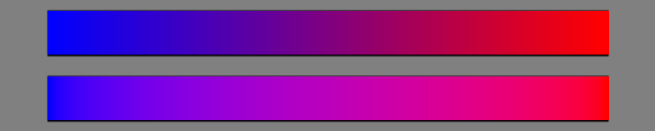 Gamma-space (going to a noticeably darker purple) vs. linear-space (more uniformly bright) gradient between bright blue and bright red